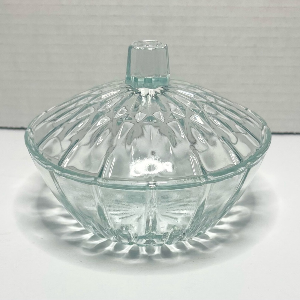 Vintage KIG Indonesia Covered Clear Press Glass Candy Bowl Starburst Design